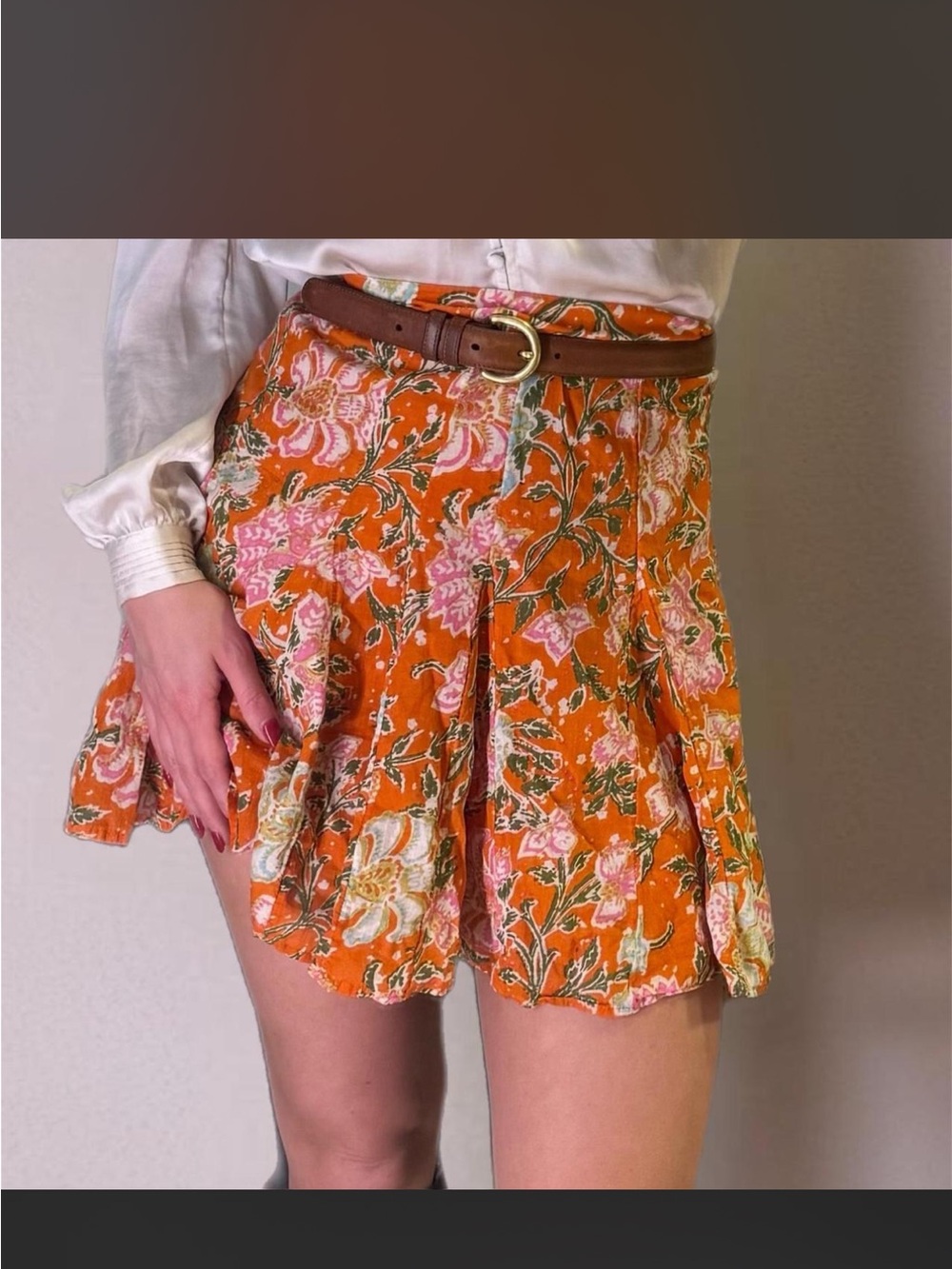 Free People Orange Floral Ruffle Mini Skirt